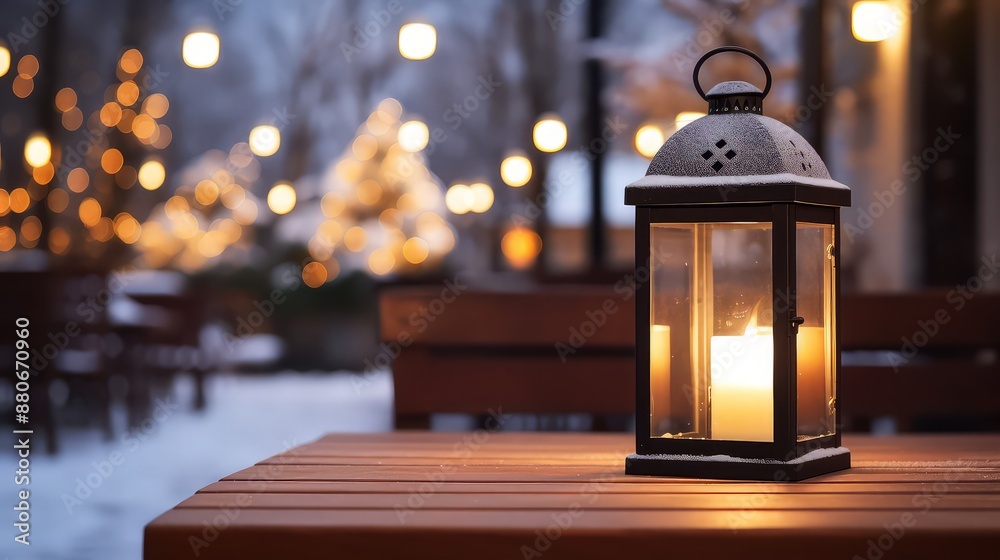 A lit lantern on a wooden table at a Christmas market. Decorated and illuminated outdoor tables of a restaurant or cafe. Snowy winter day A lit lantern on a wooden table at a Christmas market. Decorated and illuminated outdoor tables of a restaurant or cafe. Snowy winter day