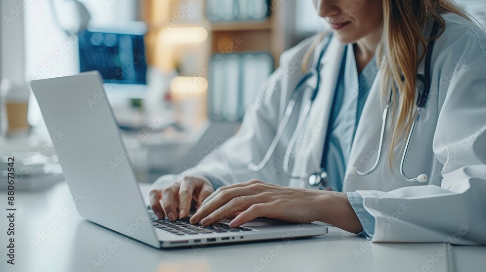 Female doctor using laptop computer while sitting at desk in office, closeup on hands and stethoscope, Close-up of female medical professional working with modern technology. Generative AI. Female doctor using laptop computer while sitting at desk in office, closeup on hands and stethoscope, Close-up of female medical professional working with modern technology. Generative AI.