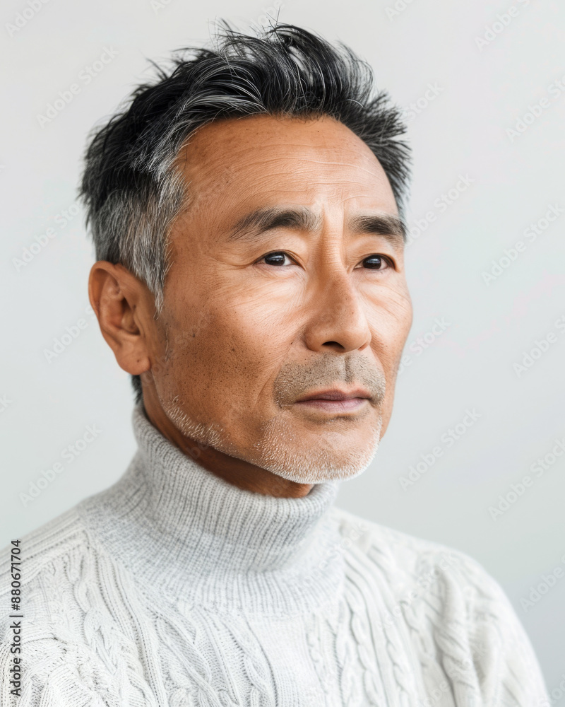 Obraz premium A mature Korean man with a serene expression, showing the effectiveness of anti-aging skincare treatments