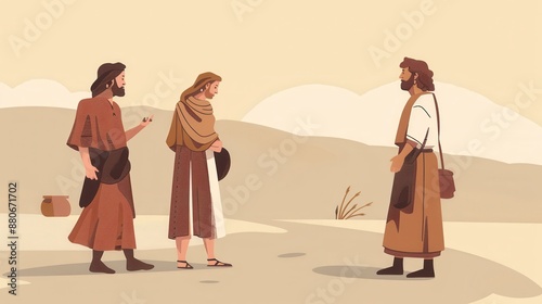 Genesis : Jacob Flees Laban , Biblical Illustration of Jacob Discussing Departure with Rachel and Leah, Genesis Story, Beige Background, Copyspace