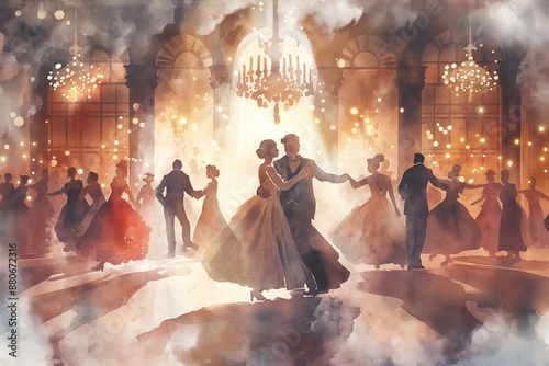Elegant couples dancing in a grand ballroom with chandeliers and soft lighting creating a magical atmosphere, ballroom dancing concept