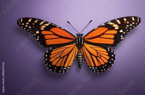 Orange monarch butterfly with open wings against vibrant purple background