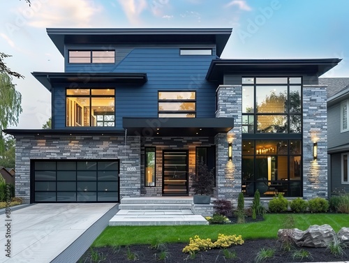 modern luxury home with sleek blue siding and natural stone accents architectural marvel featuring clean lines expansive windows and seamless indooroutdoor living spaces photo