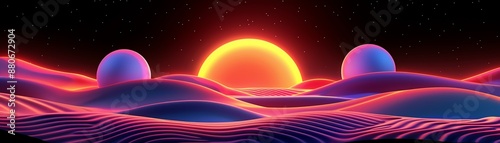 3D rendering. Abstract landscape with a bright light source and glowing spheres. photo