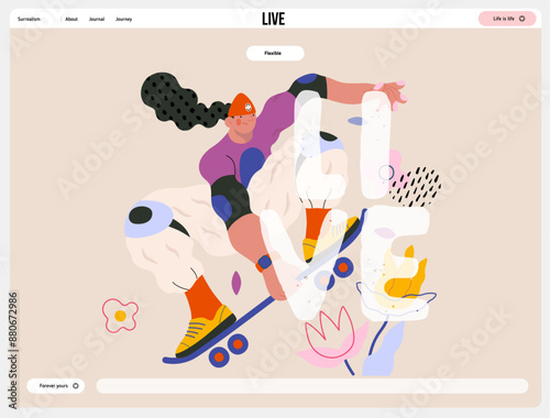 Life Unframed: Skateboarder -modern flat vector concept illustration of skater jumping above flowers. Metaphor of unpredictability, imagination, whimsy, cycle of existence, play, growth and discovery