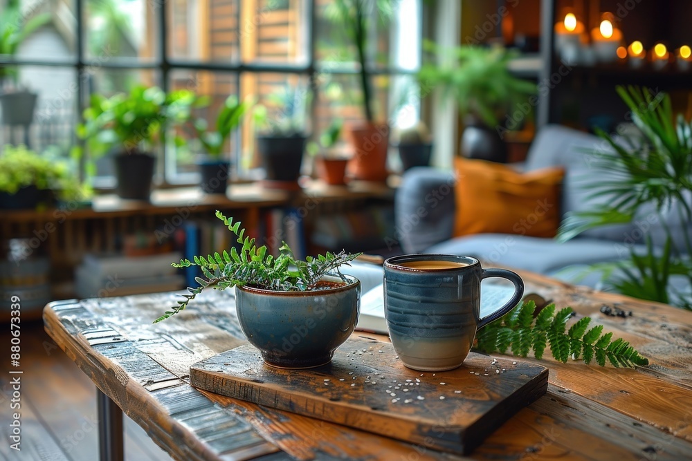 A cozy scene featuring a coffee cup and a bowl with ferns on a rustic wooden table, set in a room with lush green plants and a comfortable couch in the background. A cozy scene featuring a coffee cup and a bowl with ferns on a rustic wooden table, set in a room with lush green plants and a comfortable couch in the background.