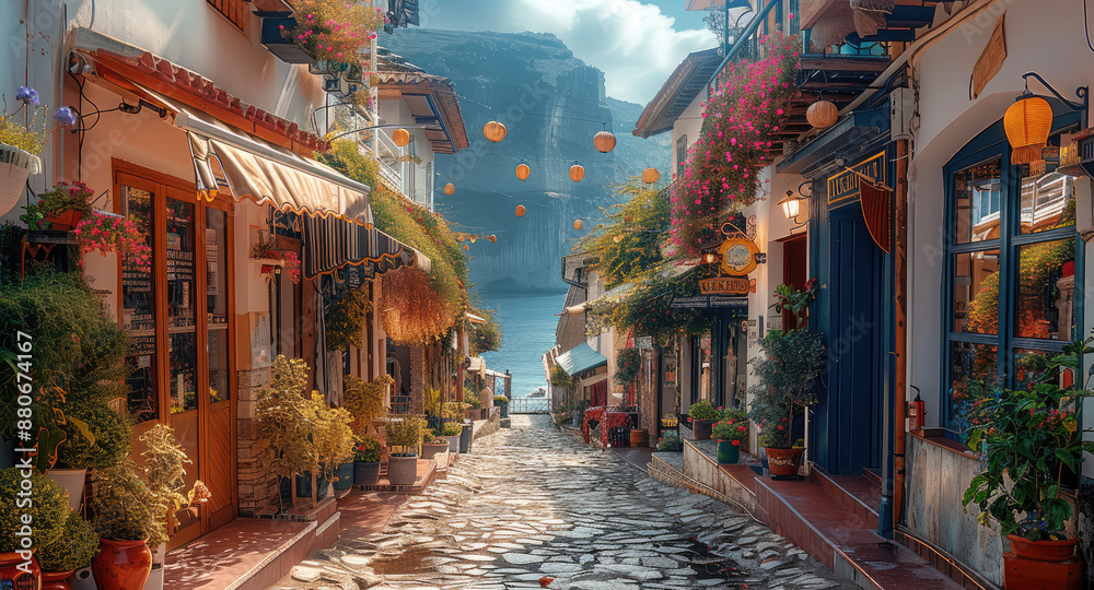 Fototapeta premium A shopping street on the edge of a cliff. Generative AI.