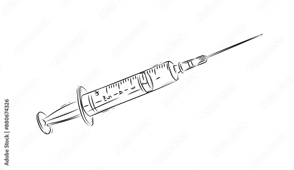 Regular syringe for medical purposes drawing in graphic style on white background