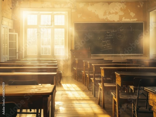 nostalgic empty classroom bathed in warm golden light rows of vintage wooden desks and chairs chalkboard in background dust motes floating visibly evokes memories of bygone school days photo