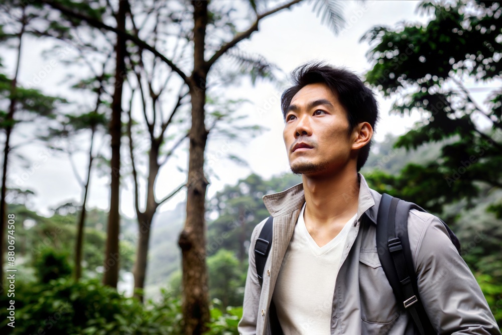 Focused Asian Man Walking in Forest
Focused Asian Man Walking in Forest