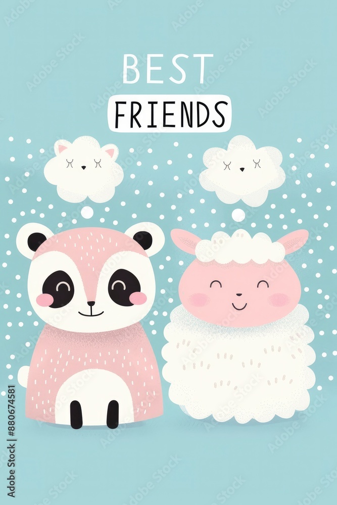 Obraz premium A cute cartoon panda, sheep and cat with thought bubbles above their heads containing the text BEST FRIENDS, The background is light blue with small white dots, friendship day greetings, 30 july, 2024