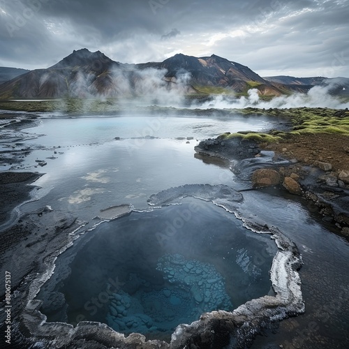 Geothermal of hot spring pool with surrounding mountains and erupting spots, in Fludir city, Iceland photo