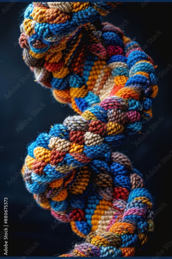 Fototapeta premium A close-up view of a vibrantly colored, intricately braided rope made from various hues of yarn, against a dark background, showcasing the detailed texture and craftsmanship