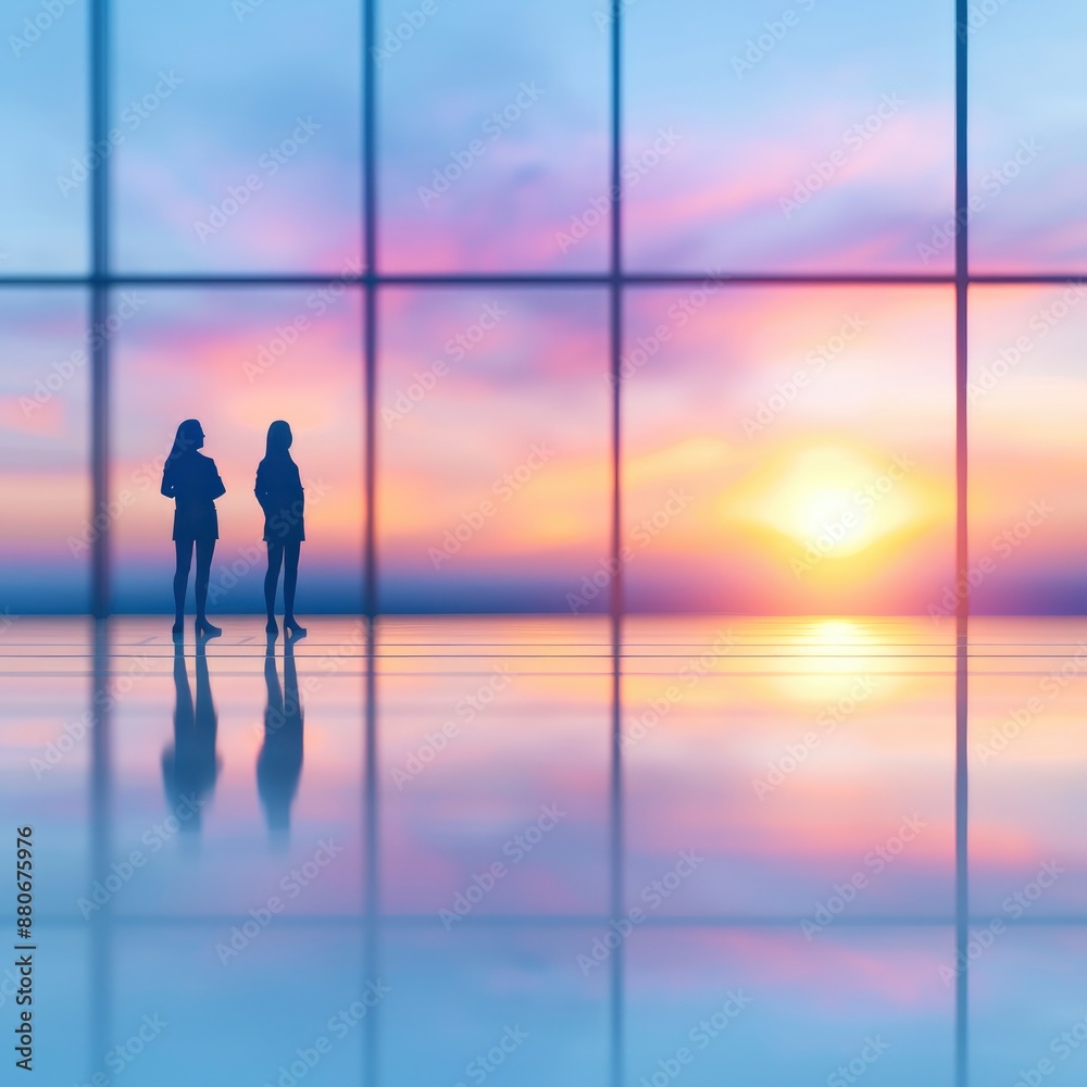 silhouettes of people engaged in discussion, Business team meeting in an office with large windows, vibrant colors of sunrise outside silhouettes of people engaged in discussion, Business team meeting in an office with large windows, vibrant colors of sunrise outside