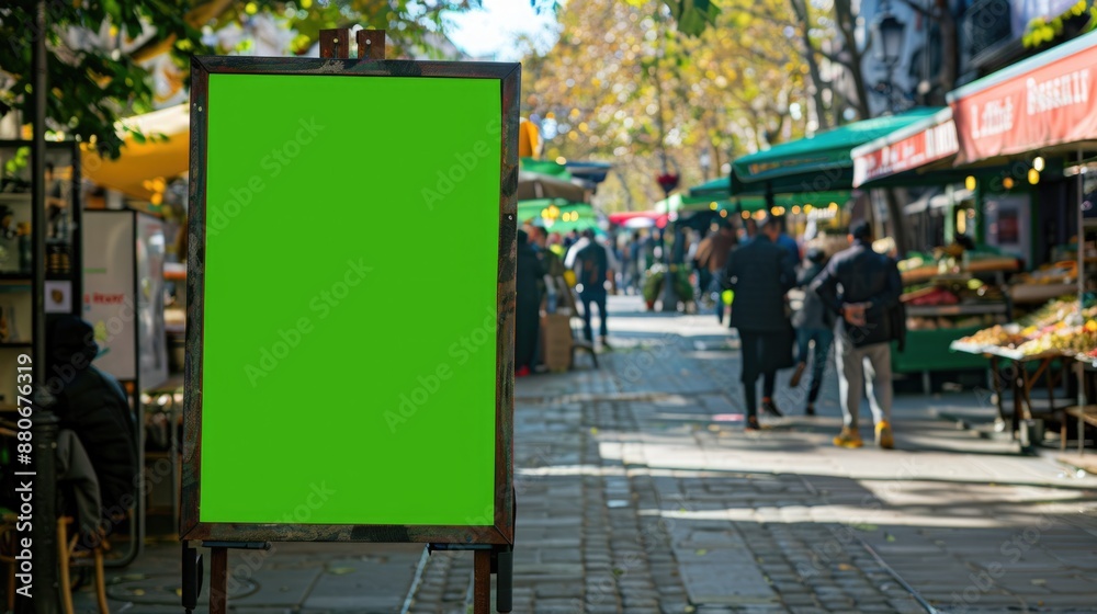 Obraz premium Dynamic Vertical Green Screen Billboard Mock-up in Lively Street Food Market | Vibrant Culinary Atmosphere for Advertising Design