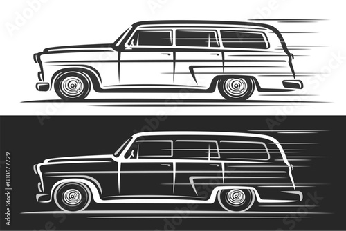 Vector logo for Vintage Estate Car, automotive decorative banner with contour illustration of monochrome concept estate car in moving, running clip art long station wagon on black and white background