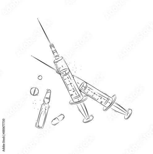 Syringe, ampoules and pills composition drawing in graphic style on white background