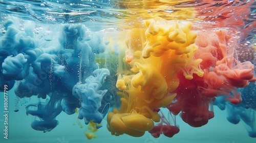 A vibrant and colorful underwater ink diffusion. bright colors like red, yellow, green, blue, and purple swirling and mixing in clear water. Generative AI. photo