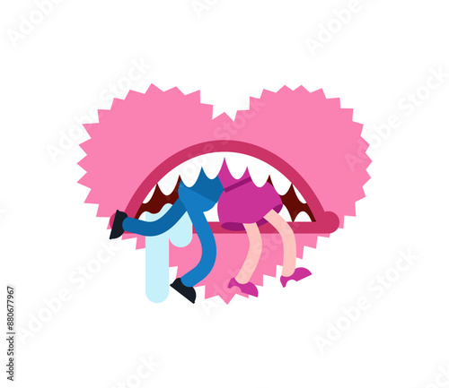 Heart devours people. Love with its mouth ate a man and woman. Concept of evil love, predatory