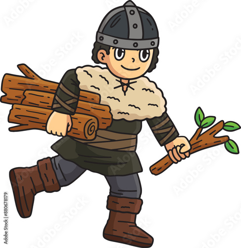 Viking Child Gathering Log Cartoon Colored Clipart
