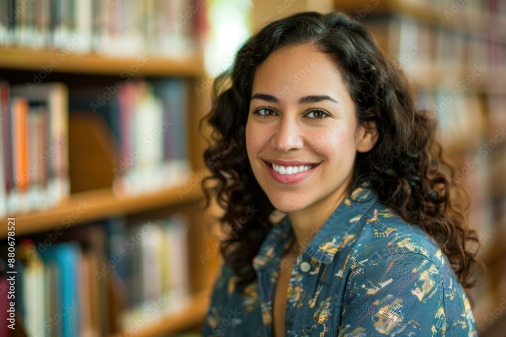 Smiling Hispanic Woman in Library - Education, Knowledge, and Learning Concept Smiling Hispanic Woman in Library - Education, Knowledge, and Learning Concept