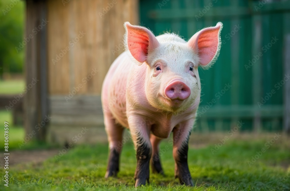 Curious young piglet posing in green meadow with wooden structure in background Curious young piglet posing in green meadow with wooden structure in background
