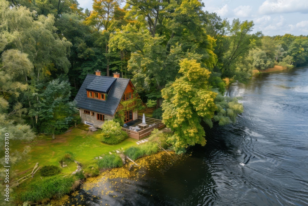 Obraz premium Serene Riverfront Home Office - Aerial Drone View of Inspiring and Tranquil Workspace