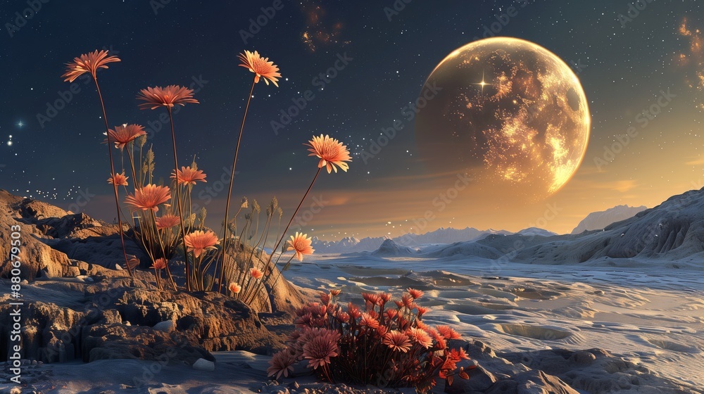 Fototapeta premium Moonlit Alien Landscape with Blooming Flowers