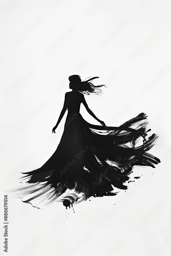A black and white sketch of a woman in a long flowing dress A black and white sketch of a woman in a long flowing dress