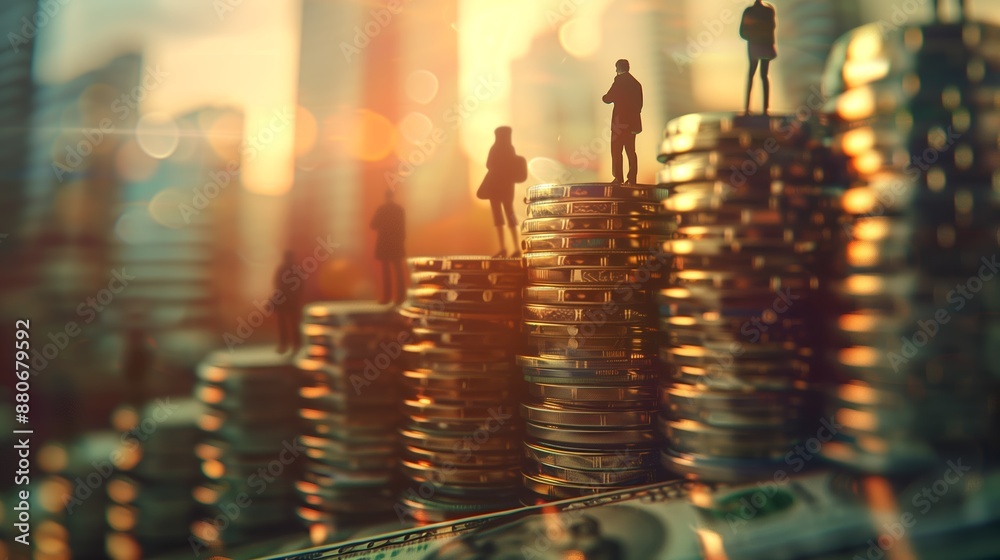 Business Figures Standing on Stacks of Coins