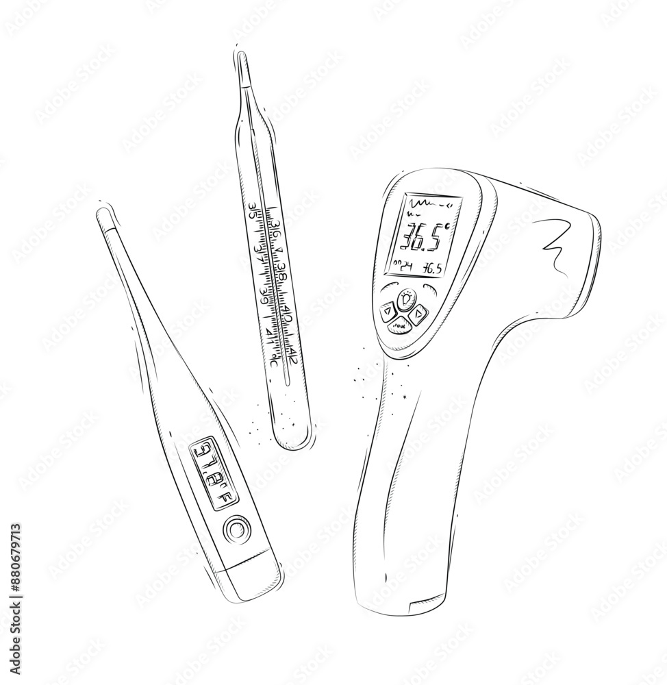 Thermometer different types regular, contactless, electronic composition for medical purposes drawing in graphic style on white background