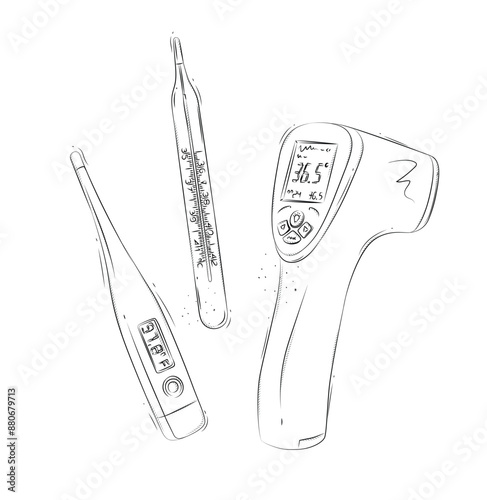 Obraz na płótnie Thermometer different types regular, contactless, electronic composition for medical purposes drawing in graphic style on white background w salonie
