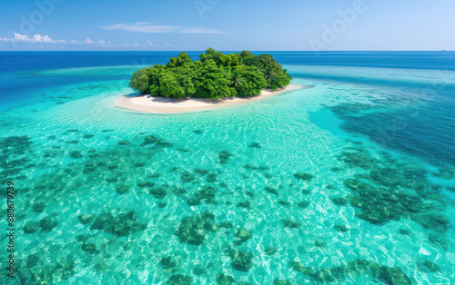 Idyllic tropical island with lush greenery surrounded by crystal-clear turquoise water, perfect for travel and adventure enthusiasts.