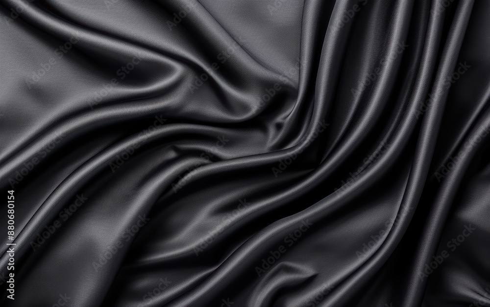 Fototapeta premium Elegant black silk fabric background with soft, luxurious folds and drapes, perfect for fashion, textile, and luxury design concepts.