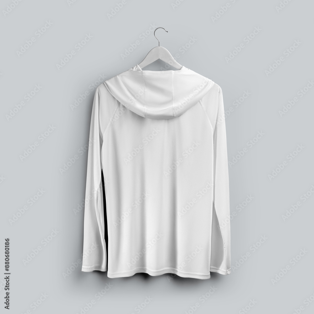 White long sleeve template, summer clothes sun protection, presentation on hanger, back view, for design, pattern, branding. White long sleeve template, summer clothes sun protection, presentation on hanger, back view, for design, pattern, branding.