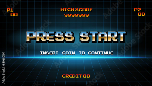PRESS START INSERT A COIN TO CONTINUE .pixel art .8 bit game.retro game. for game assets in vector illustrations.Retro Futurism Sci-Fi Background. glowing neon grid.and stars from vintage arcade comp