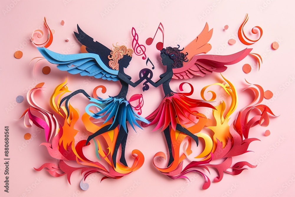 Obraz premium An angel and a demon singing together with paper cut musical notes and flames on a light pink background a harmonious conflict