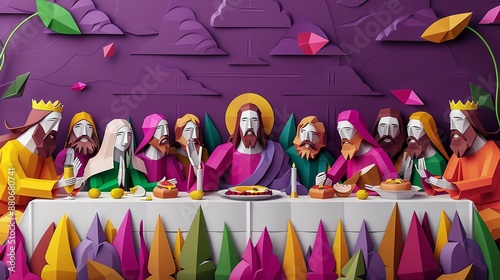 Jesus Christ at the Last Supper with paper cut disciples and a table of bread and wine on a dark purple background a moment of communion photo