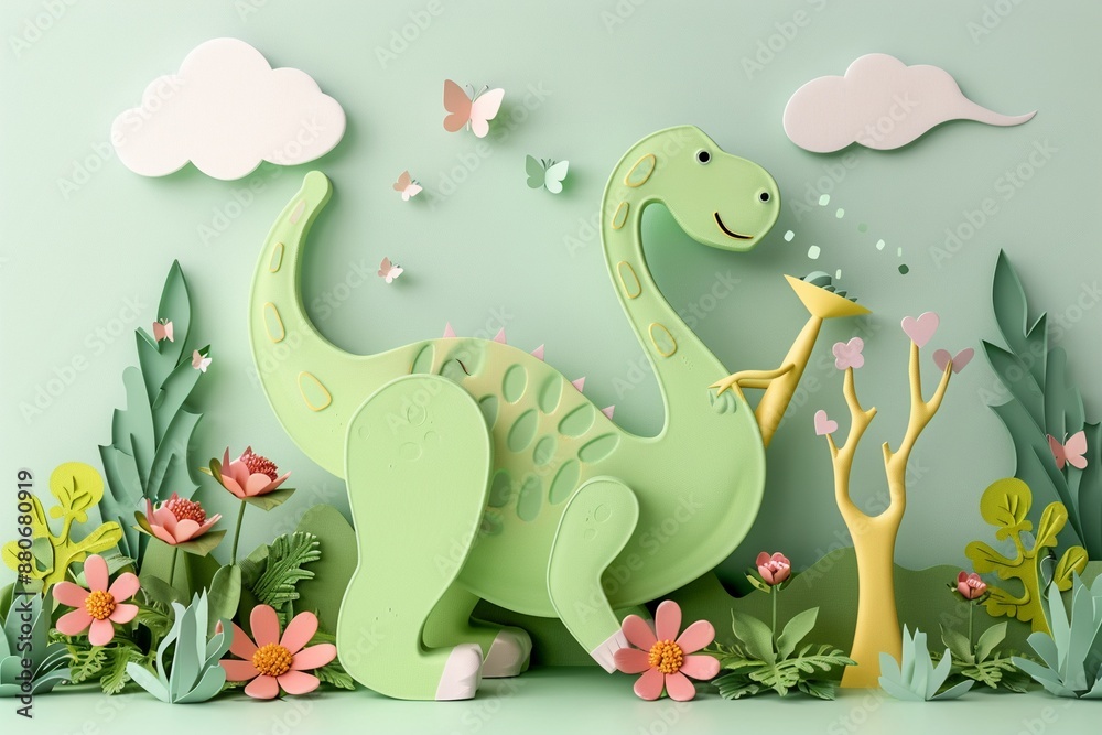 A 3D pop art front view of a happy dinosaur playing with a beach ball with paper cut waves and seashells on a light blue background A 3D pop art front view of a happy dinosaur playing with a beach ball with paper cut waves and seashells on a light blue background