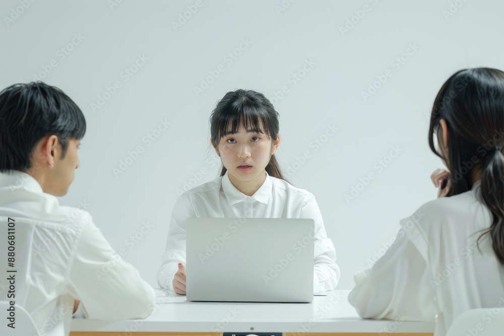 Businesswomen work and discuss their business plans. A Human employee explains and shows her colleague the results paper in modern office. Businesswomen work and discuss their business plans. A Human employee explains and shows her colleague the results paper in modern office.