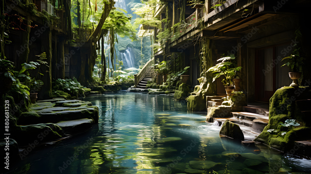 A tranquil oasis awaits at the end of a lush, green pathway, where a cascading waterfall sets the scene for relaxation and rejuvenation. A tranquil oasis awaits at the end of a lush, green pathway, where a cascading waterfall sets the scene for relaxation and rejuvenation.