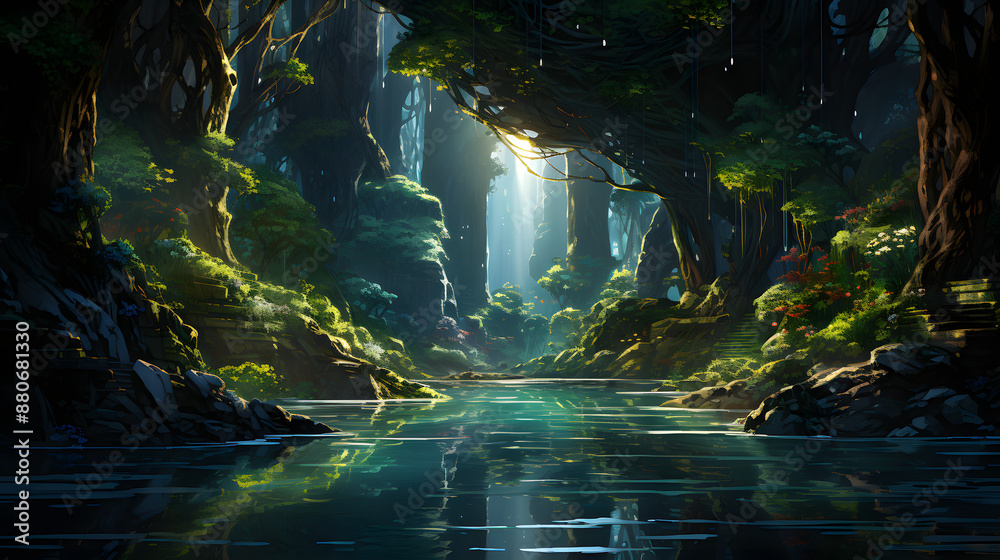 A tranquil river flows through a lush, green forest. The sun's rays pierce through the dense canopy, creating a magical ambiance. A tranquil river flows through a lush, green forest. The sun's rays pierce through the dense canopy, creating a magical ambiance.