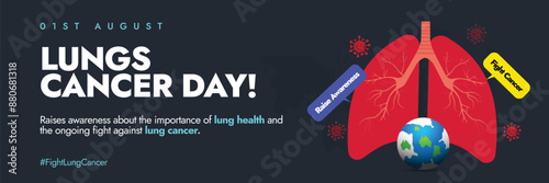 Lung Cancer Day. 1st August lung cancer day awareness cover banner with inside view of lungs, virus icons, earth globe, speech bubbles: raise awareness, fight cancer. Early diagnosis saves lives.