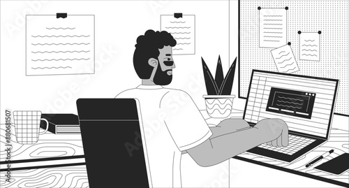 Working from home office black and white lofi wallpaper. Typing freelancer black man at laptop 2D outline cartoon flat illustration. Corporate job late night vector line lo fi aesthetic background