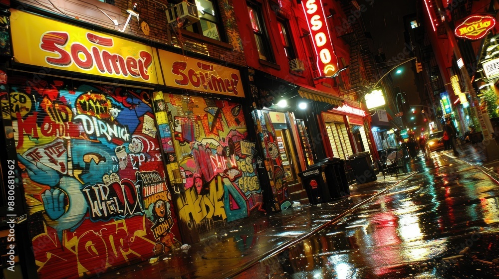 Obraz premium Nighttime Street Scene in New York City with Graffiti and Neon Lights