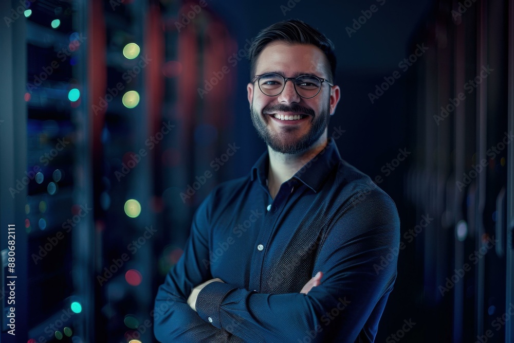 Smiling Caucasian IT Professional in Data Center - Network Security & Technology Concept Smiling Caucasian IT Professional in Data Center - Network Security & Technology Concept