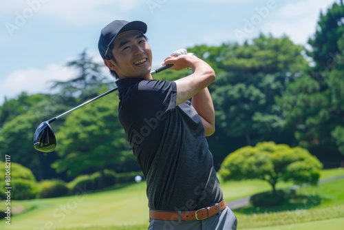 Male golfer playing golf at the golf course smile, tee shot, golf competition