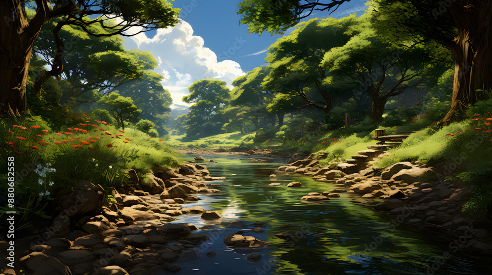 A gently flowing river winds through a vibrant green forest bathed in dappled sunlight. Lush foliage and colorful wildflowers line the banks, while fluffy clouds dot the blue sky above. A gently flowing river winds through a vibrant green forest bathed in dappled sunlight. Lush foliage and colorful wildflowers line the banks, while fluffy clouds dot the blue sky above.