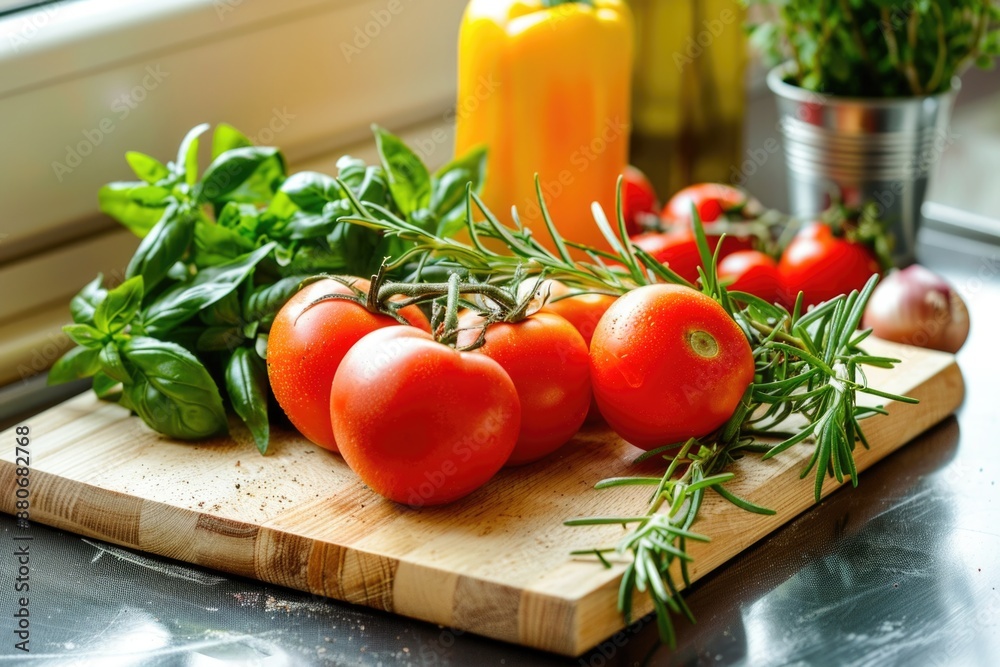 Vegetables And Herbs. Close up of Chopping Board on Countertop in Kitchen with Fresh Ingredients Vegetables And Herbs. Close up of Chopping Board on Countertop in Kitchen with Fresh Ingredients