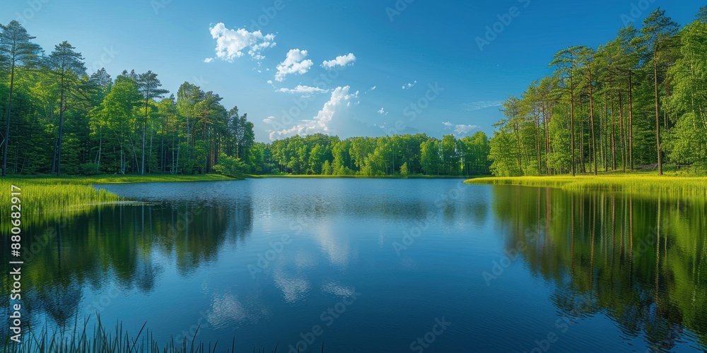 Obraz premium A serene and picturesque view of a calm lake surrounded by lush green forests under a clear blue sky with scattered clouds, reflecting the vibrant beauty of nature